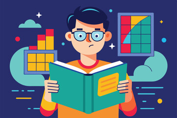 Poster - A man in glasses thoughtfully reads a customizable book amid various colorful charts and data visuals, Man reading Customizable Disproportionate Illustration
