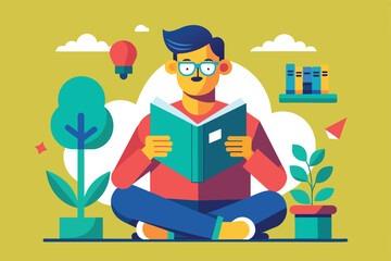 Poster - A young man sits cross-legged, immersed in reading a customizable flat, in a welcoming indoor setting, Man reading Customizable Flat Illustration