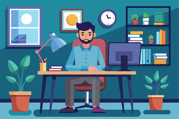 Poster - A man is seated at his workplace, focused on his computer while surrounded by plants and bookshelves, Man sitting at workplace,