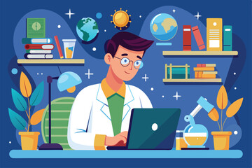 Poster - A man in a lab coat is focused on studying science at his home workspace, using his laptop, man studying science on the internet