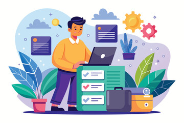 Poster - A man stands at a green desk using a laptop, immersed in his work amidst plants and colorful decor, man uploads data