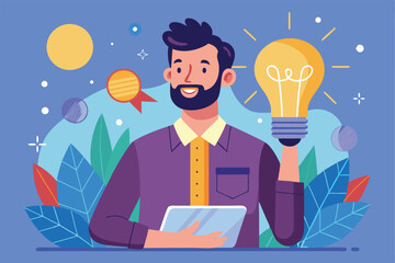 Poster - A man with a tablet smiles while holding a glowing light bulb, symbolizing an innovative idea in a vibrant setting, Man with innovative idea concept,