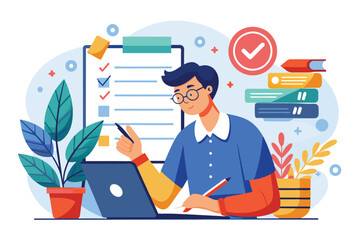 Poster - A focused man actively writes on a paper exam while surrounded by study materials and plants, man writing on paper exam concept