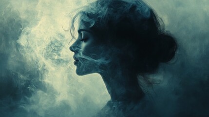 Poster - A captivating silhouette of a woman is framed by wisps of ethereal smoke, as twilight casts a mysterious glow. The serene expression suggests tranquility amid the surreal ambiance
