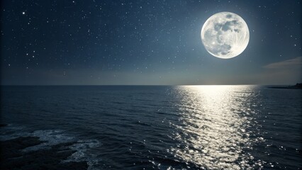 Serene Nightscape Full Moon over Starry Sea, Wide Composition, Ocean Reflections Seascape, Night Photography