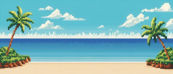 Poster - Pixel art arcade game level background with exotic beach, seashore with palm trees and blue sky. 8bit Retro game concept. Banner size with copy space