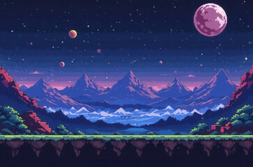 Poster - Pixel art arcade game level background on another planet with starry sky . 8bit Retro game concept. Copy space