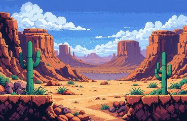 Poster - Pixel art arcade game level background in western american desert with cactus . 8bit Retro game concept. Copy space