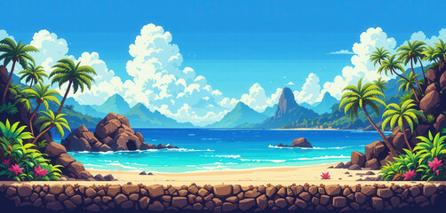 Poster - Pixel art arcade game level background with asiatic beach, seashore with palm trees and mountains. 8bit Retro game concept. Banner size with copy space