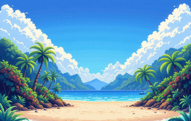 Poster - Pixel art arcade game level background with asiatic beach, seashore with palm trees and mountains. 8bit Retro game concept. Copy space