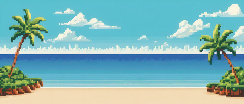 Pixel art arcade game level background with exotic beach, seashore with palm trees and blue sky. 8bit Retro game concept. Banner size with copy space