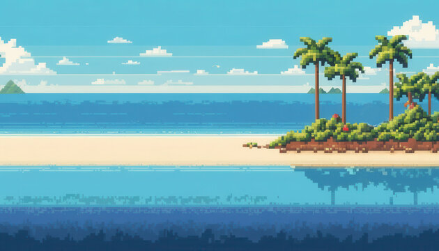 Pixel art arcade game level background with exotic beach, seashore with palm trees and blue sky. 8bit Retro game concept. Banner size with copy space