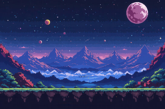 Pixel art arcade game level background on another planet with starry sky . 8bit Retro game concept. Copy space