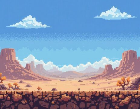 Pixel art arcade game level background in western american desert with mountains . 8bit Retro game concept. Copy space