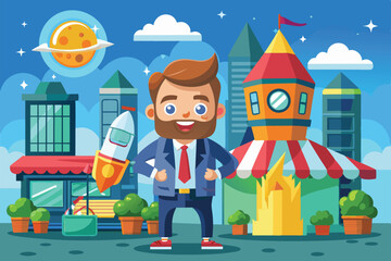 Poster - A cheerful cartoon character stands confidently in front of a lively marketplace setting, launching a new venture, Market launch Customizable Cartoon Illustration
