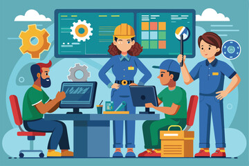 Aufkleber - a team of mechanics works together at desks, utilizing computers for vehicle diagnostics and repairs