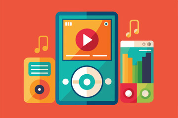 Poster - A vibrant display of customizable media players with exaggerated proportions set against a bold background, Media player Customizable Disproportionate Illustration
