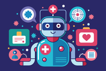 Poster - A friendly chatbot character aids users by providing medical information and healthcare assistance online, Medical chat bot concept,