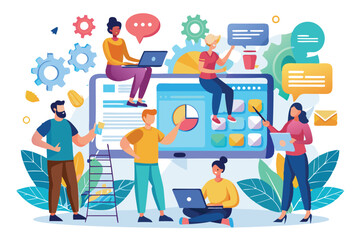 Poster - a diverse group collaborates on mobile interface design, using laptops and digital tools in a vibran