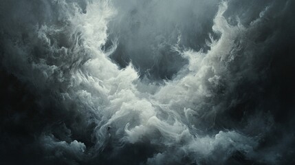 Poster - Swirling clouds mingle in shades of gray and white, creating an ethereal atmosphere above a still horizon, hinting at the storm's brewing intensity and beauty