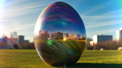 Poster - Colorful reflective egg on a grassy field with urban skyline in the background during sunset