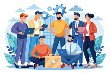 Poster - a group of men engages in teamwork while using laptops and tablets in a lively office setting, men w