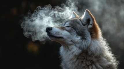 Poster - A serene wolf stands amidst a lush forest, its fur glistening in the soft morning light. Wisps of mist escape its muzzle, creating an enchanting atmosphere filled with calm