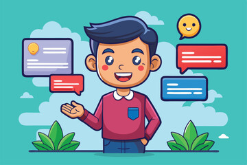 Poster - A young, happy character interacts with customizable speech bubbles in a vibrant outdoor setting, Messages Customizable Cartoon Illustration