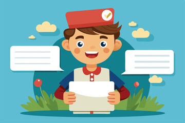 Poster - A friendly young messenger with a cap smiles while holding a letter amidst a colorful outdoor backdrop, Messages Customizable Cartoon Illustration