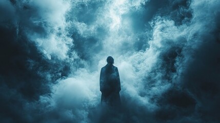 Poster - A shadowy figure stands amidst thick clouds, illuminated by an ethereal light. The atmosphere is both haunting and captivating, creating a sense of intrigue and wonder