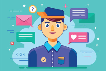 Poster - a cheerful character stands in front of colorful chat bubbles, symbolizing messaging and communicati