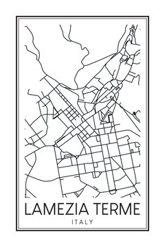 Printable downtown road map poster of the Italian town of LAMEZIA TERME on solid white background with city name