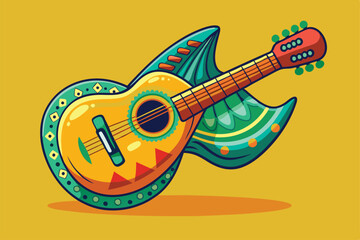 Poster - A beautifully crafted Mexican guitar showcases vibrant colors and unique patterns against a bright yellow backdrop, Mexican guitar music instrument cartoon
