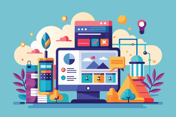 Poster - A creative representation of customizable microsites featuring various digital elements and a playful design, Microsites Customizable Semi Flat Illustration