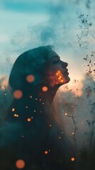 Poster - A captivating silhouette of a woman emerges as sparks of light dance around her, set against a twilight sky filled with soft clouds. The atmosphere glows with enchantment