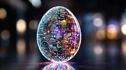 Aufkleber - Digital egg with intricate patterns and colorful lights illuminated in a futuristic setting