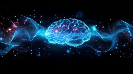 Poster - A mesmerizing display illustrates the complexity of the human brain, surrounded by luminous, energetic waves that symbolize thought processes and creativity in motion