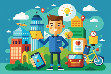 Poster - A cartoon character explores a colorful city with gadgets and vibrant buildings, illustrating mobile life, Mobile life Customizable Cartoon Illustration