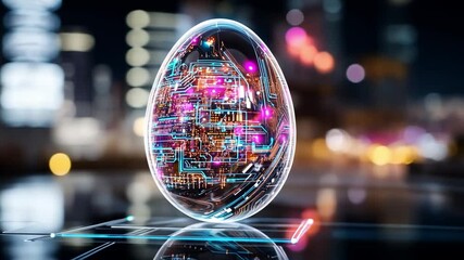 Poster - Vibrant futuristic egg sculpture illuminated with digital patterns in an urban setting