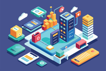 Poster - explore a colorful isometric design showcasing customizable mobile ui ux elements in an urban settin