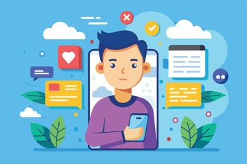 Poster - A person engages with a mobile device surrounded by colorful notifications and clouds in a dynamic layout, Mobile user Customizable Flat Illustration