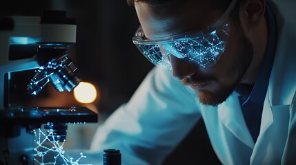 Poster - Scientist Using Advanced Microscope Futuristic Technology Research Lab Microscopy Digital Overlay Science Experiment Innovation Laboratory Medical    