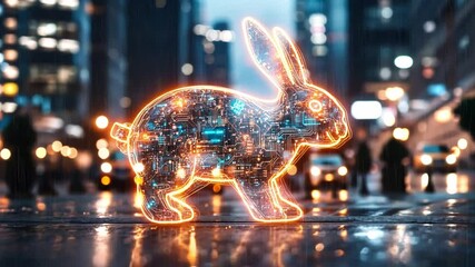 Poster - Futuristic glowing rabbit illuminated in a bustling cityscape at night