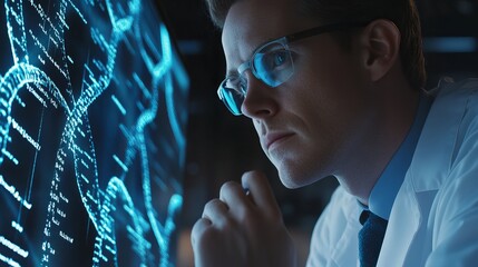 Poster - Focused Scientist Analyzing Complex Data on Digital Screen Futuristic Technology Research Genetic Engineering Medical Innovation Blue Light Laboratory