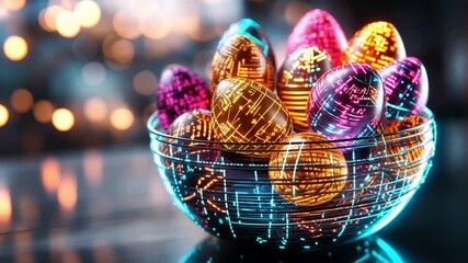 Poster - Brightly colored digital eggs in a glowing bowl against a blurred backdrop