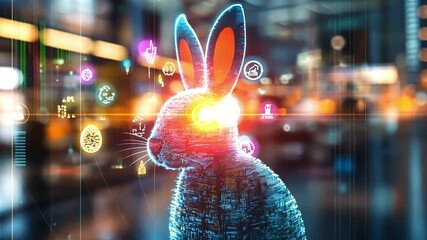Poster - Glowing digital rabbit in a futuristic urban environment with vibrant city lights and technology
