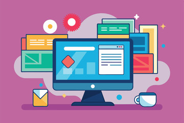 Poster - A flat monitor displays a vibrant workspace with customizable graphics and digital elements, Monitor Customizable Flat Illustration