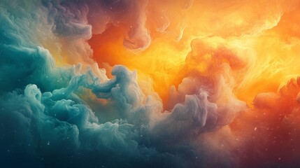 Poster - Swirling clouds create a mesmerizing blend of vibrant oranges and deep blues during sunset, offering a captivating sight as the day transitions into night, filling the sky with color