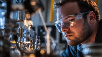 Poster - Focused Male Scientist Working in Modern Laboratory Advanced Research Equipment Precise Experimentation Technological Development Scientific Discovery