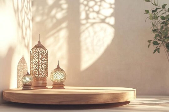 Luxury podium. Podium for product presentation with islamic pattern in background.